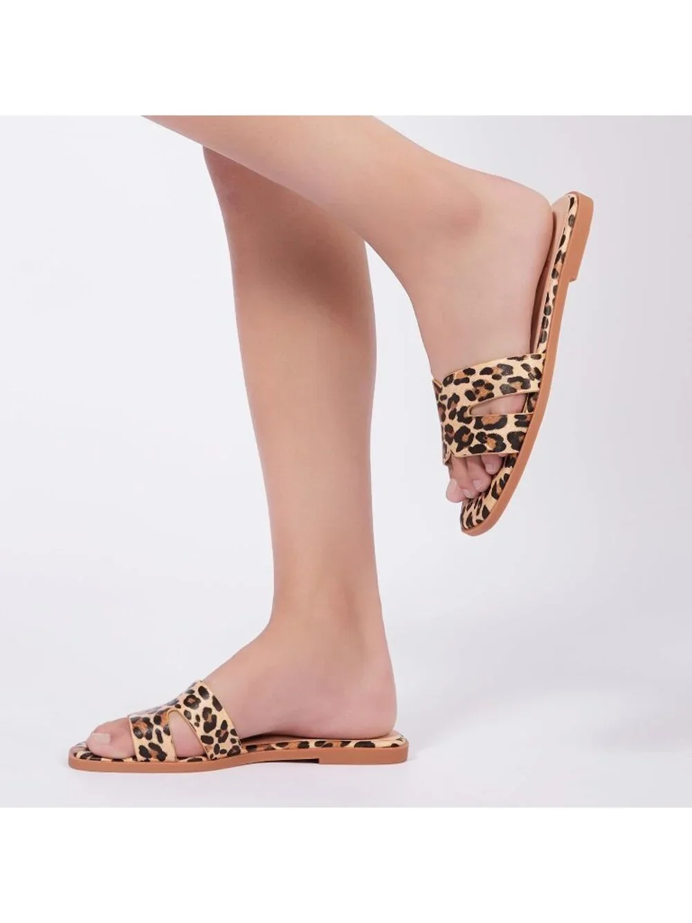 Women's Leopard Flat Comfortable Slide Fashion Square Open Toe Slip Beach Sandal